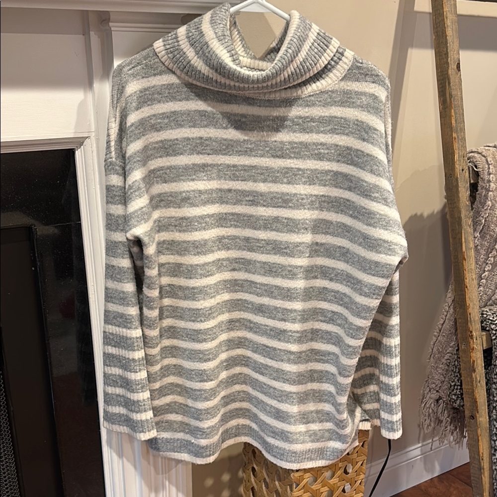 Loft Striped Gray and White Turtleneck Sweater